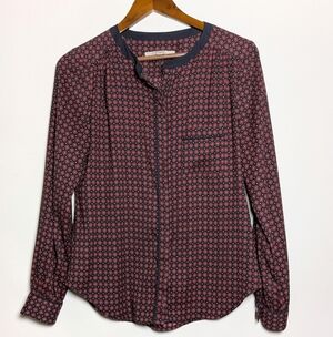 Ann Taylor LOFT S Burgundy Navy Blue Medallion Career‎ Collarless Blouse Small